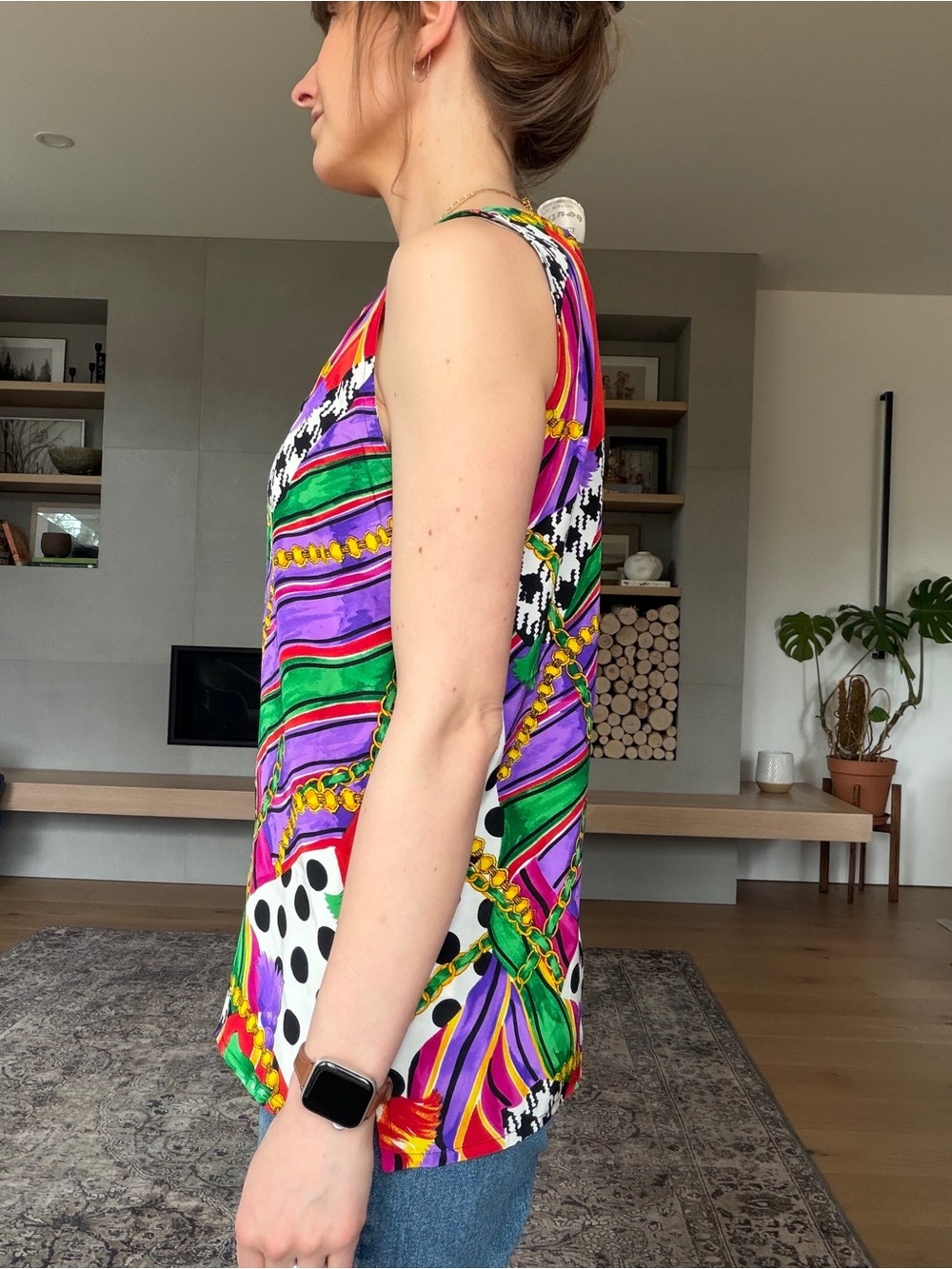 Vintage 100% silk Multicolor Printed sleeveless Top small - Picture 3 of 13